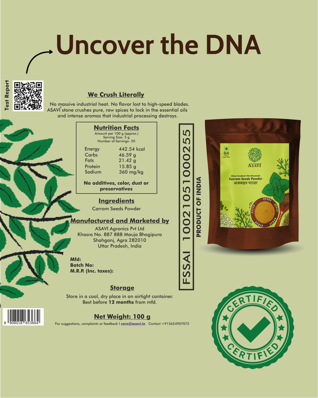 Stone-Crushed Carrom Seeds Powder (Ajwain) | Pure, High-Thymol Digestive Essential | Pack of 1 x 100g