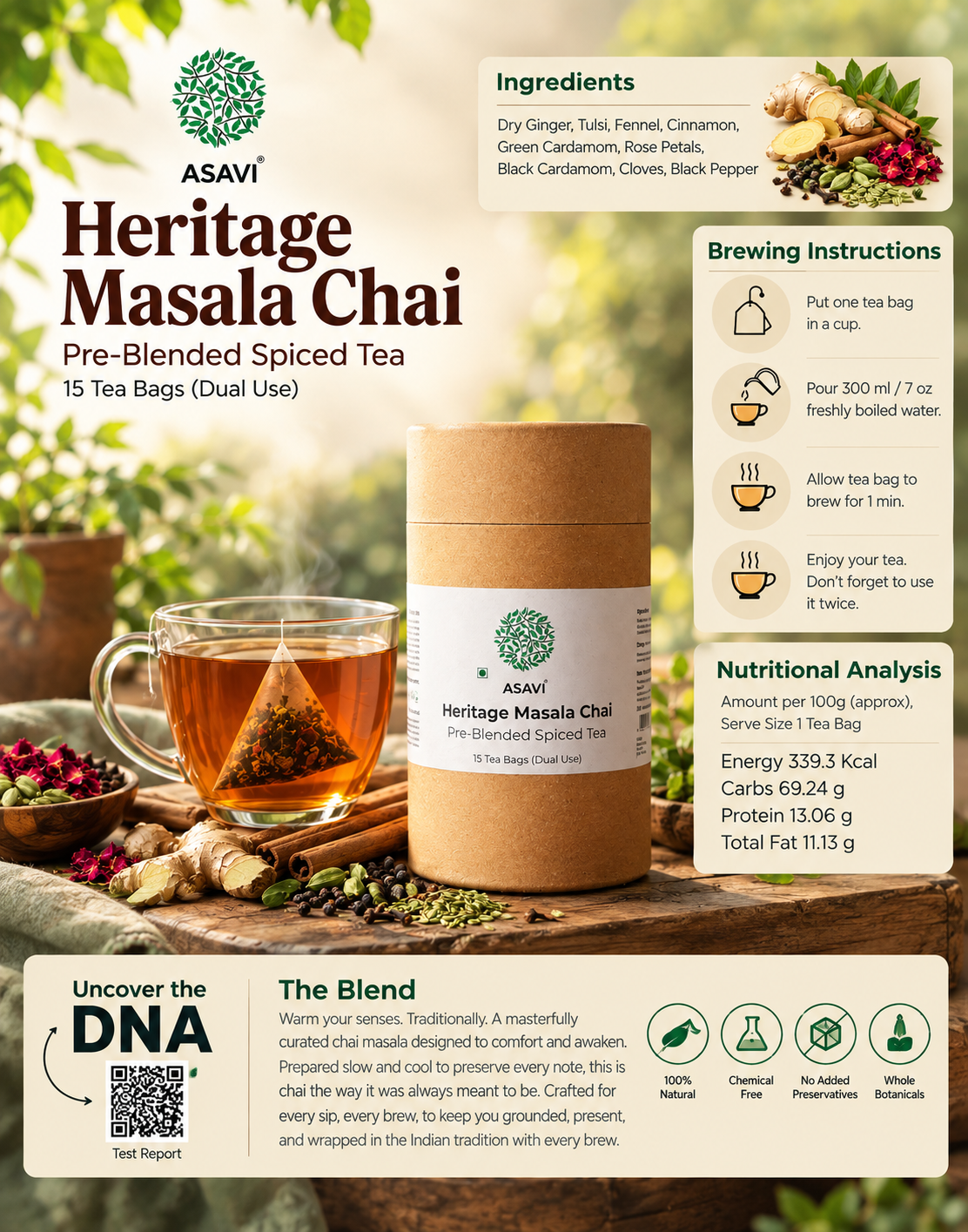 Heritage Masala Chai | Caffeine Free Spice Chai Blend | Cardamom, Cinnamon, Clove & Dry Ginger | 15 Tea Bags