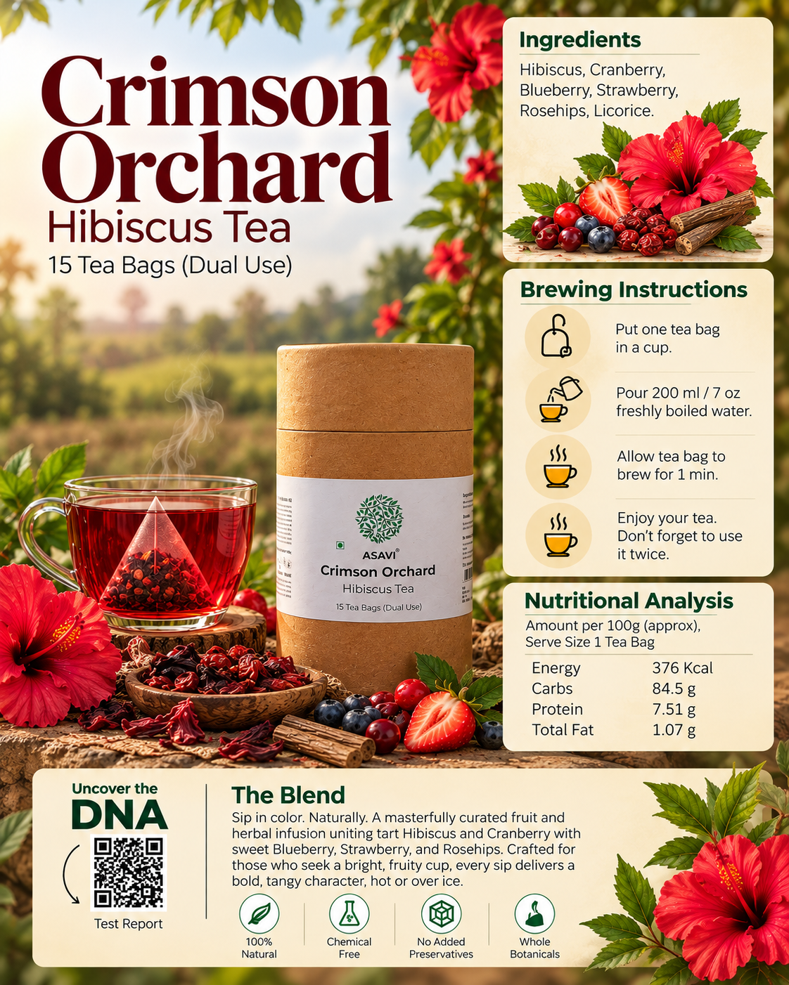 Crimson Orchard | Hibiscus & Berry Herbal Infusion with Cranberry, Blueberry, Strawberry & Rosehip | Caffeine-Free | 15 Tea Bags