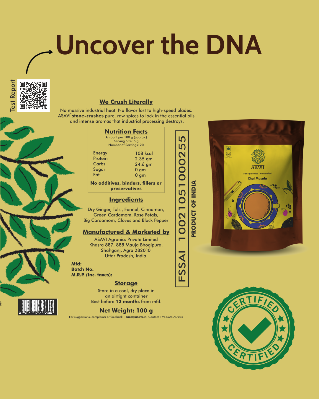 Stone-Crushed Artisan Chai Masala | Caffeine-Free, Volatile-Oil Rich Wellness Blend | Pack of 1 x 100g