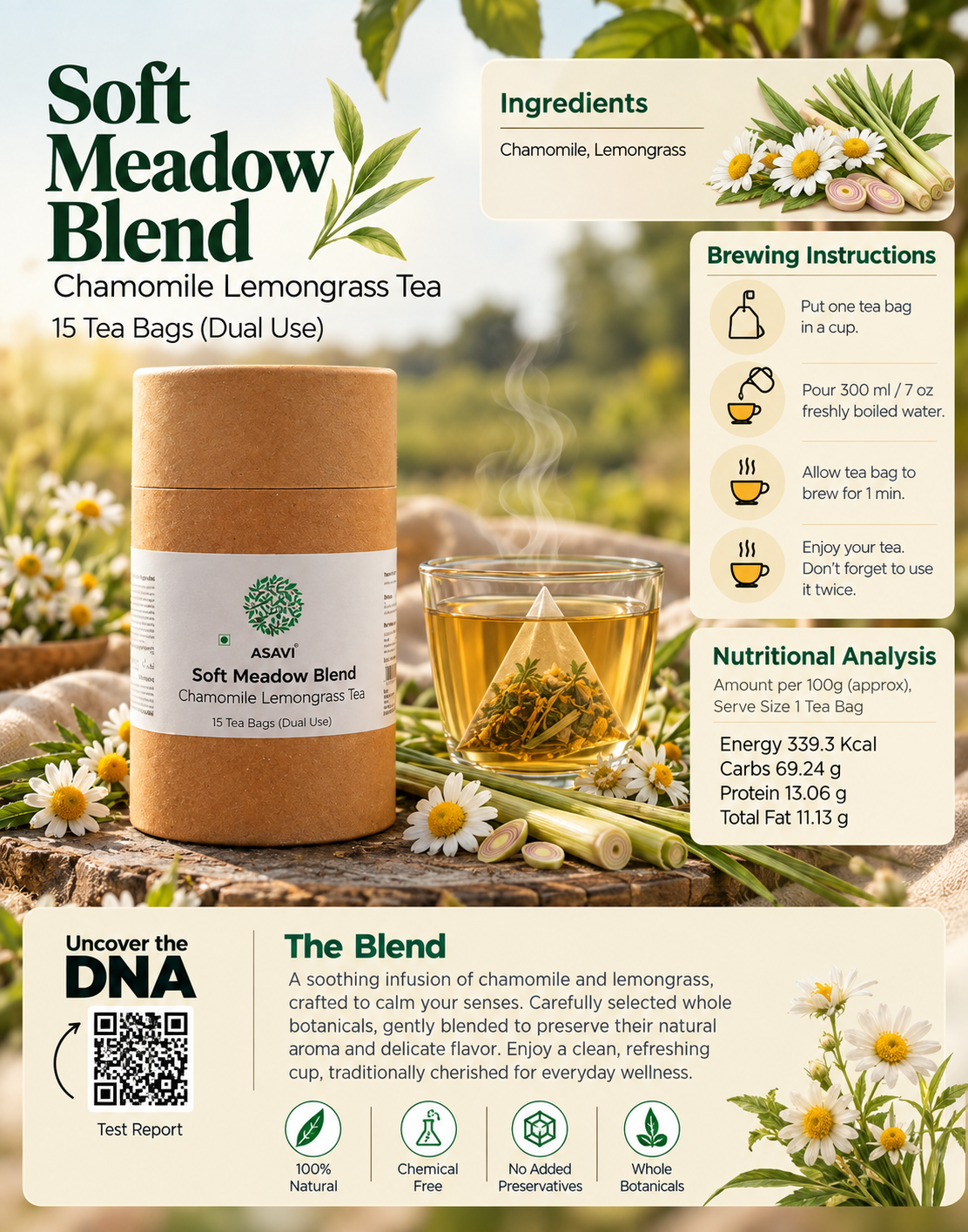 Soft Meadow Blend | Chamomile & Lemongrass Herbal Infusion | Whole Chamomile Flowers | Caffeine-Free | 15 Tea Bags