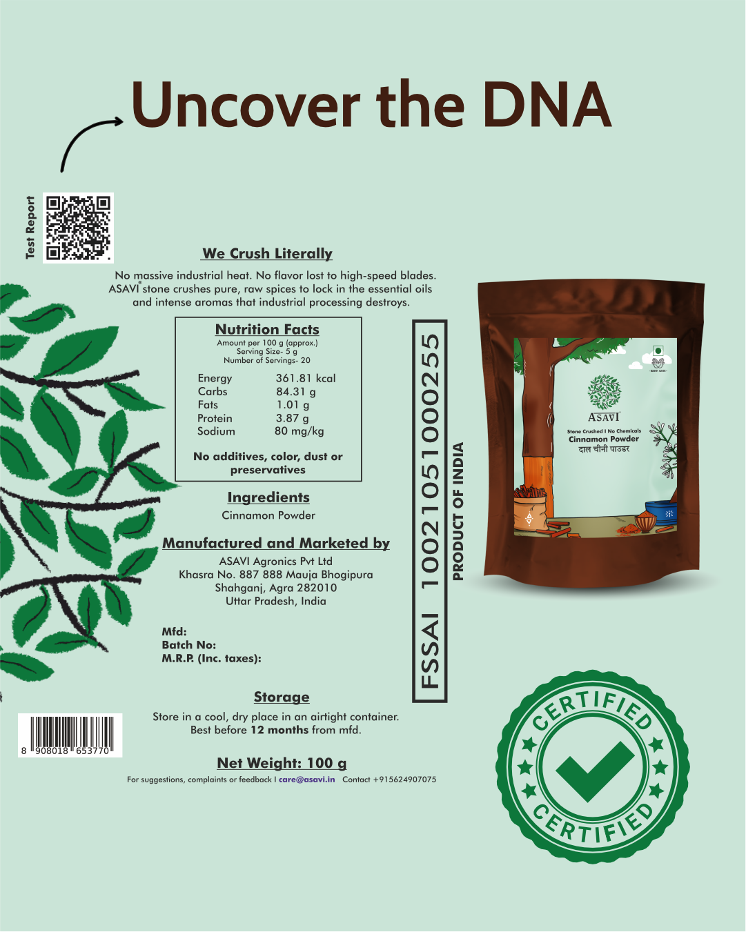 Stone-Crushed Cinnamon Powder (Dalchini) | Pure, Sweet-Spiced Metabolic Essential | Pack of 1 x 100g