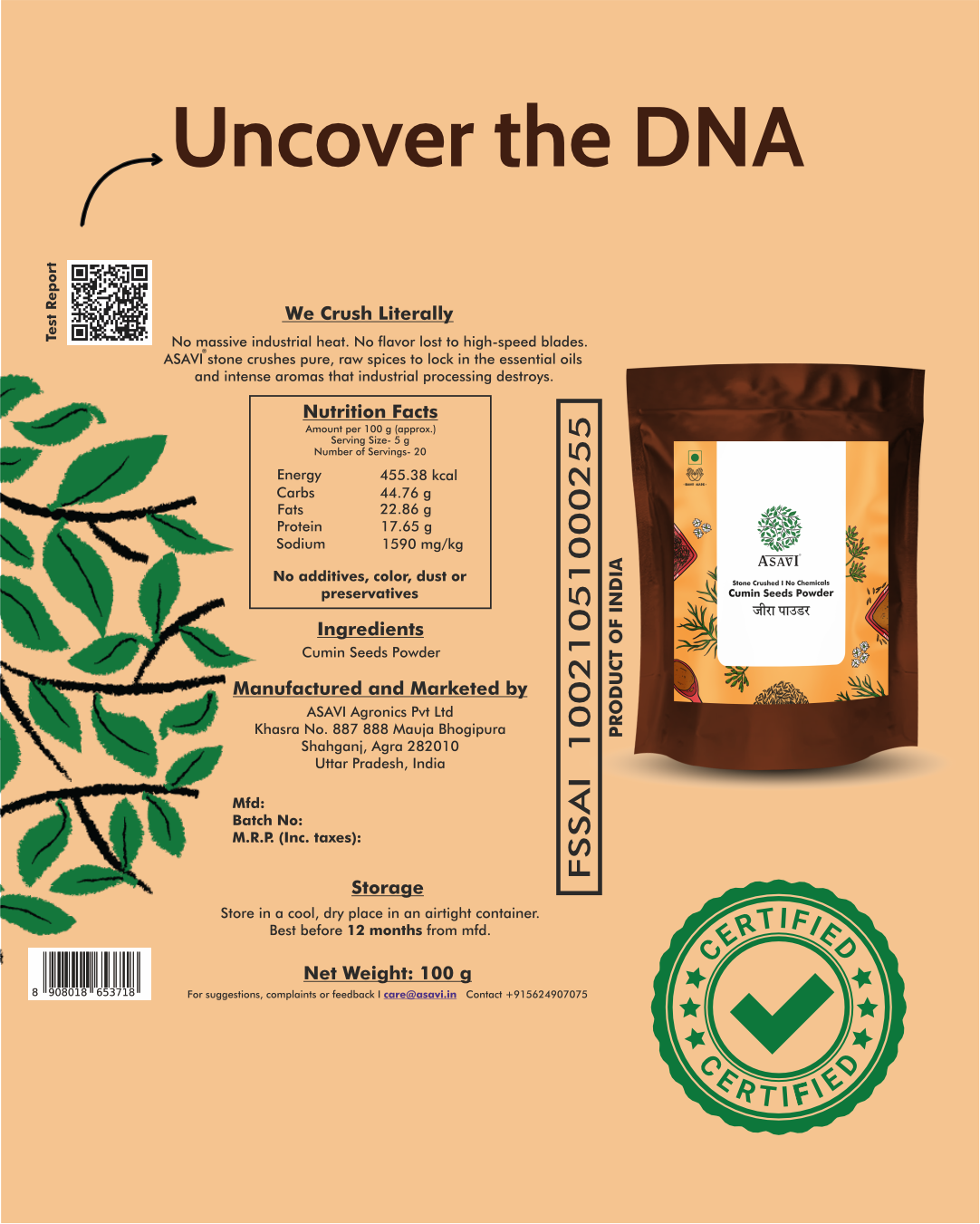 Stone-Crushed Cumin Seeds Powder (Jeera) | Pure, Cuminaldehyde-Rich Digestive Essential | Pack of 1 x 100g