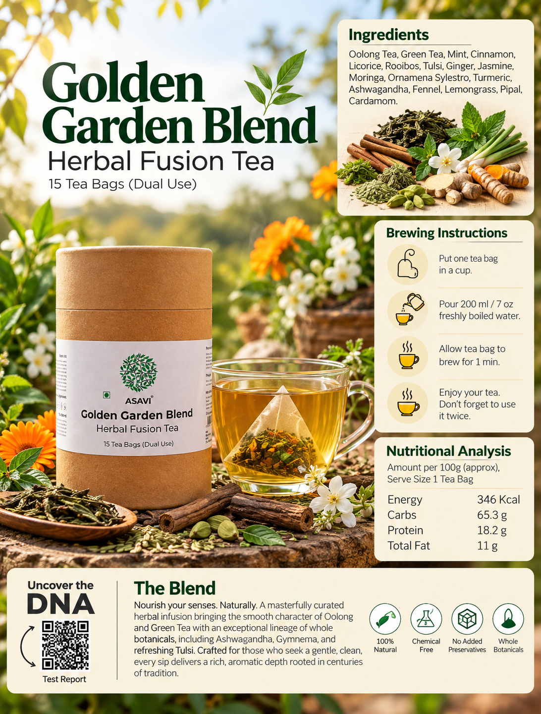 Golden Garden Blend | Oolong & Green Tea with 15 Whole Botanicals | Tulsi, Ginger, Turmeric, Moringa & Cardamom | 15 Tea Bags