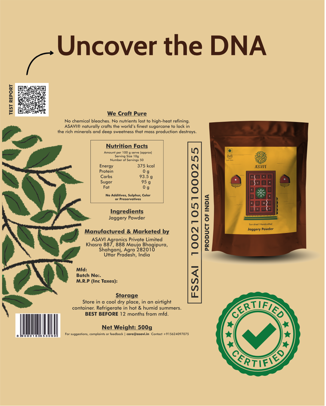 Artisanal Sugarcane Jaggery Powder | Pure, Sulphur-Free Ancient Heritage Sweetener | Pack of 1 x 500g
