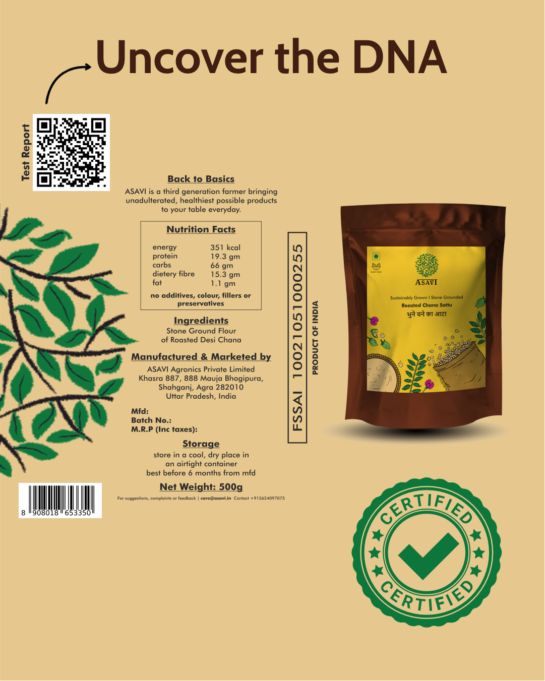 Hand-Roasted Bengal Gram Sattu | Pure, Low-GI Indigenous Plant Protein & Gut-Cooling Superfood | Pack of 1 x 500g