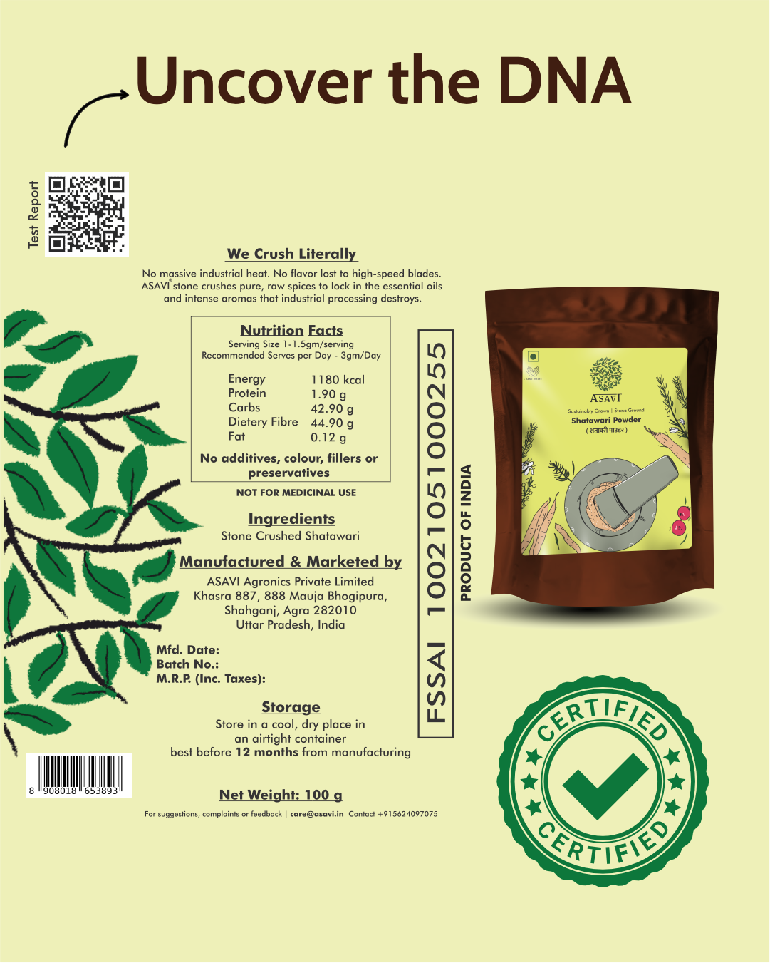 Stone-Crushed Shatawari Powder | Pure, Saponin-Rich Absolute Adaptation & Vitality Tonic | Pack of 1 x 100g