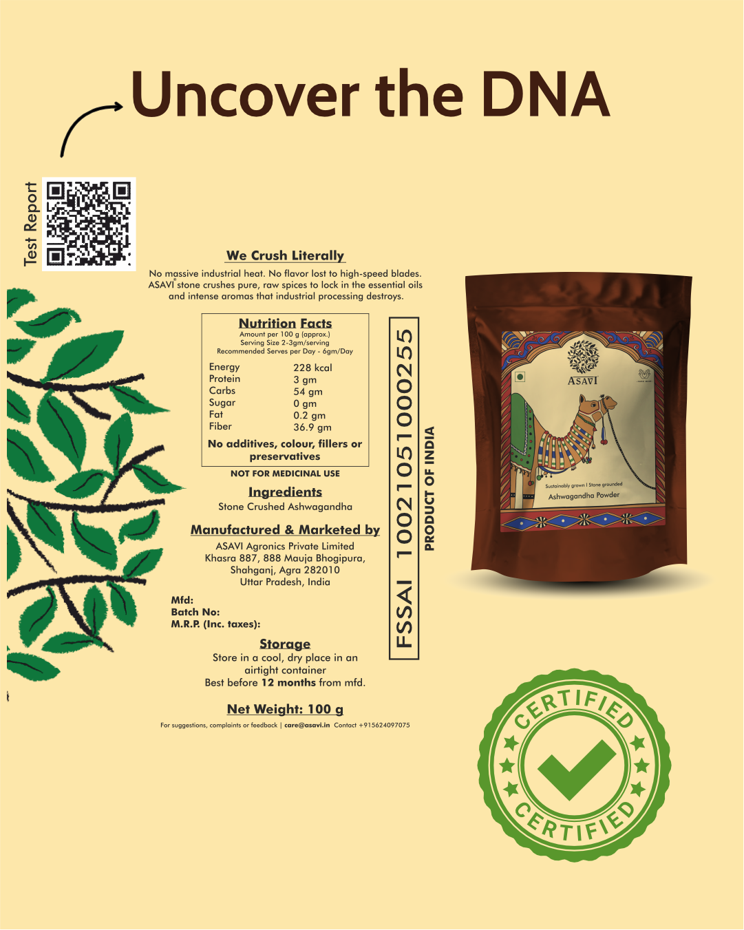 Stone-Crushed Ashwagandha Powder | Pure, High-Withanolide Adaptogenic Essential | Pack of 1 x 100 g