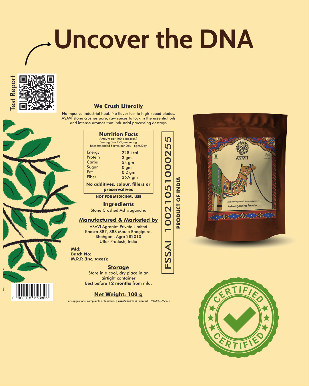 Stone-Crushed Ashwagandha Powder | Pure, High-Withanolide Adaptogenic Essential | Pack of 1 x 100g