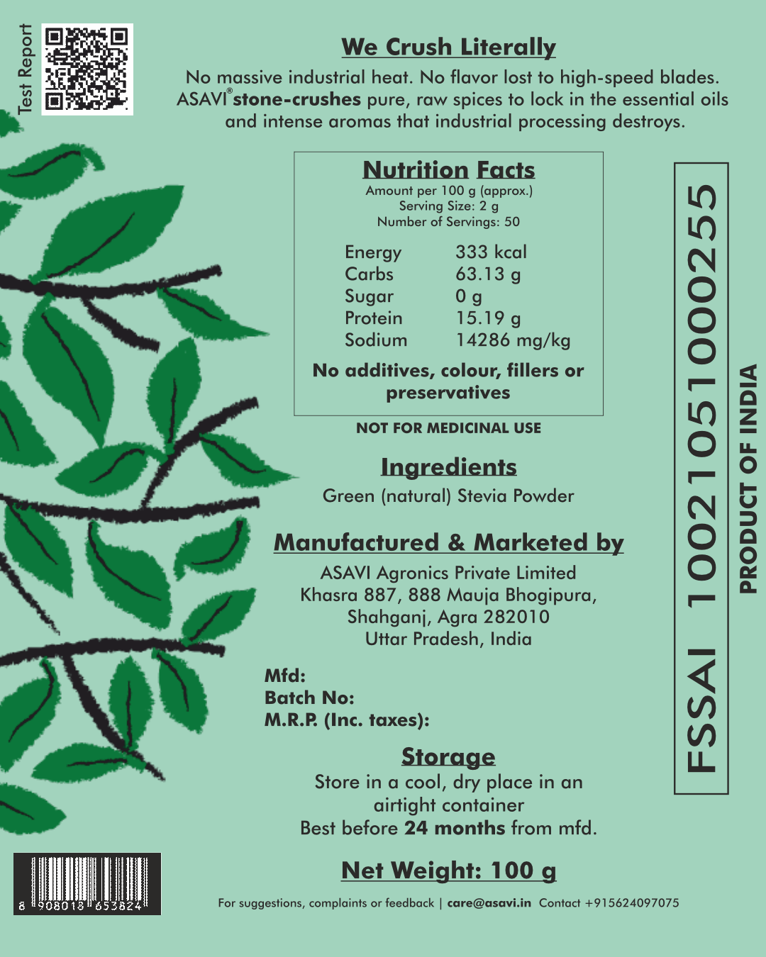Natural (Green) Stevia Powder I Unrefined I Reb-A free