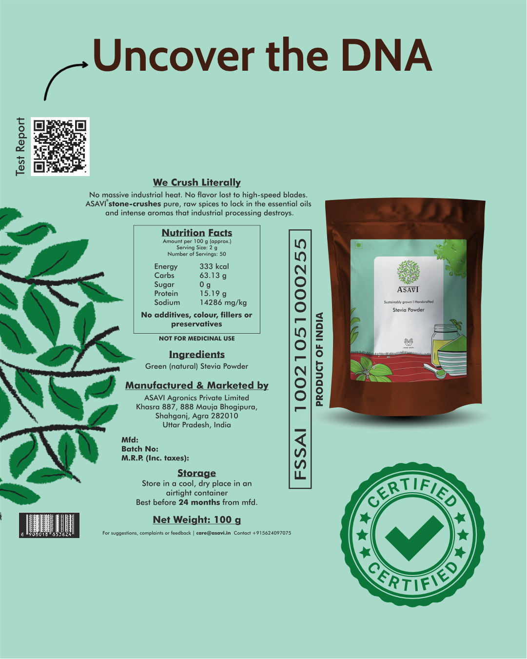 Crushed Green Stevia Powder | 100% Whole Leaf, Zero-Calorie Indigenous Plant Sweetener | Pack of 1 x 100g