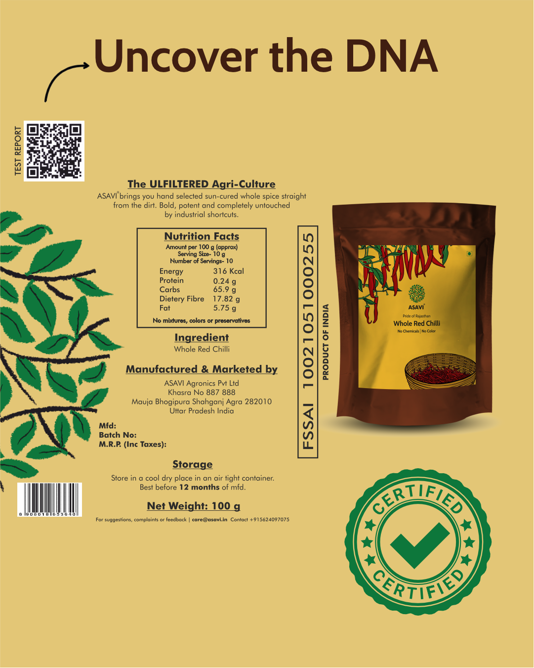 Hand-Picked Whole Red Chilli | Pure, Capsaicin-Rich Single-Origin Vibrant Heritage Spice | Pack of 1 x 100g
