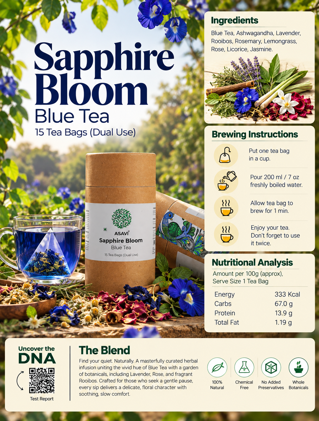 Sapphire Bloom | Blue Butterfly Pea Herbal Infusion with Lavender, Rose & Jasmine | Caffeine-Free | 15 Tea Bags